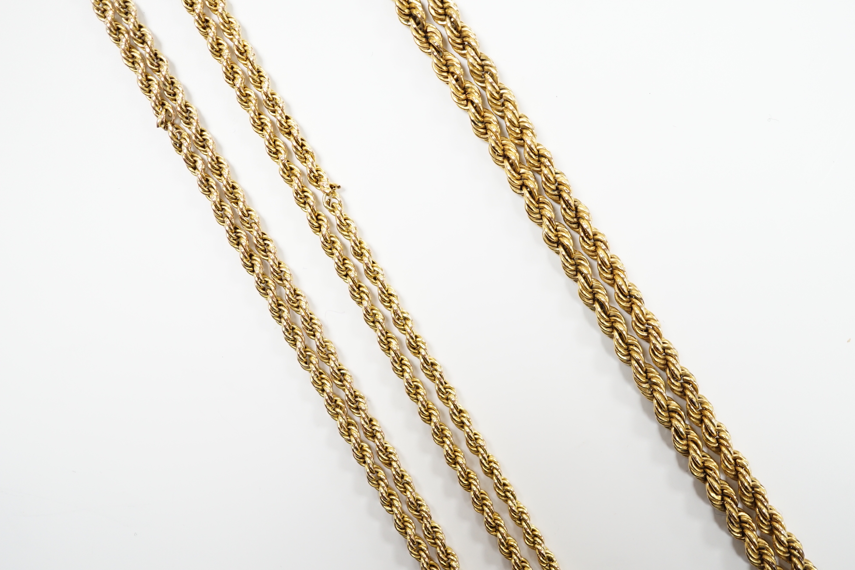 Two modern 9ct rope twist chains, the longest a.f., 144cm, gross 26.4 grams.